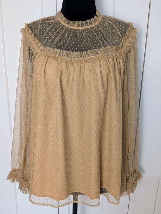 J. Crew Tops - J.CREW Womens Sheer Lace Polka Dot Ruffle Long Sleeve Button Blouse 2XL Beige